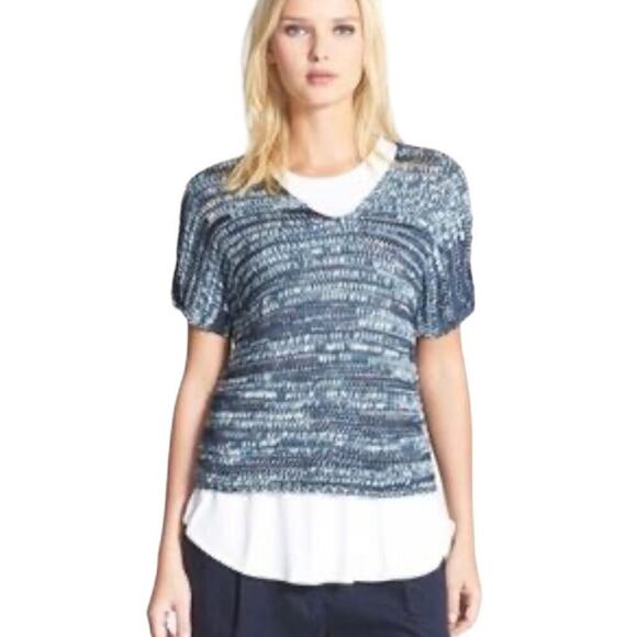 Eileen Fisher Brushstroke Cotton Tape Sweater Blue V-Neckline Size Small Petite - Picture 2 of 13